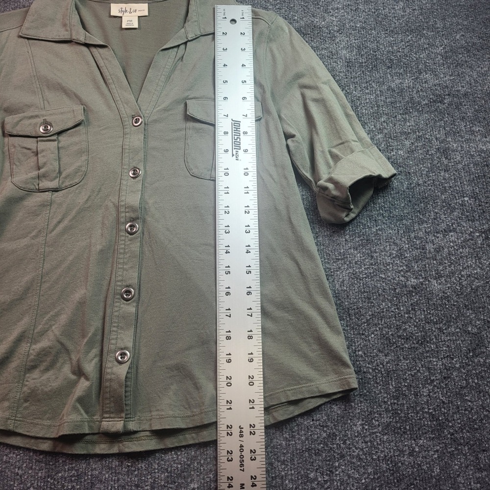 Style & Co Petite PM Olive Green Cotton Utility Button Down Roll Tab Shirt - Picture 4 of 8